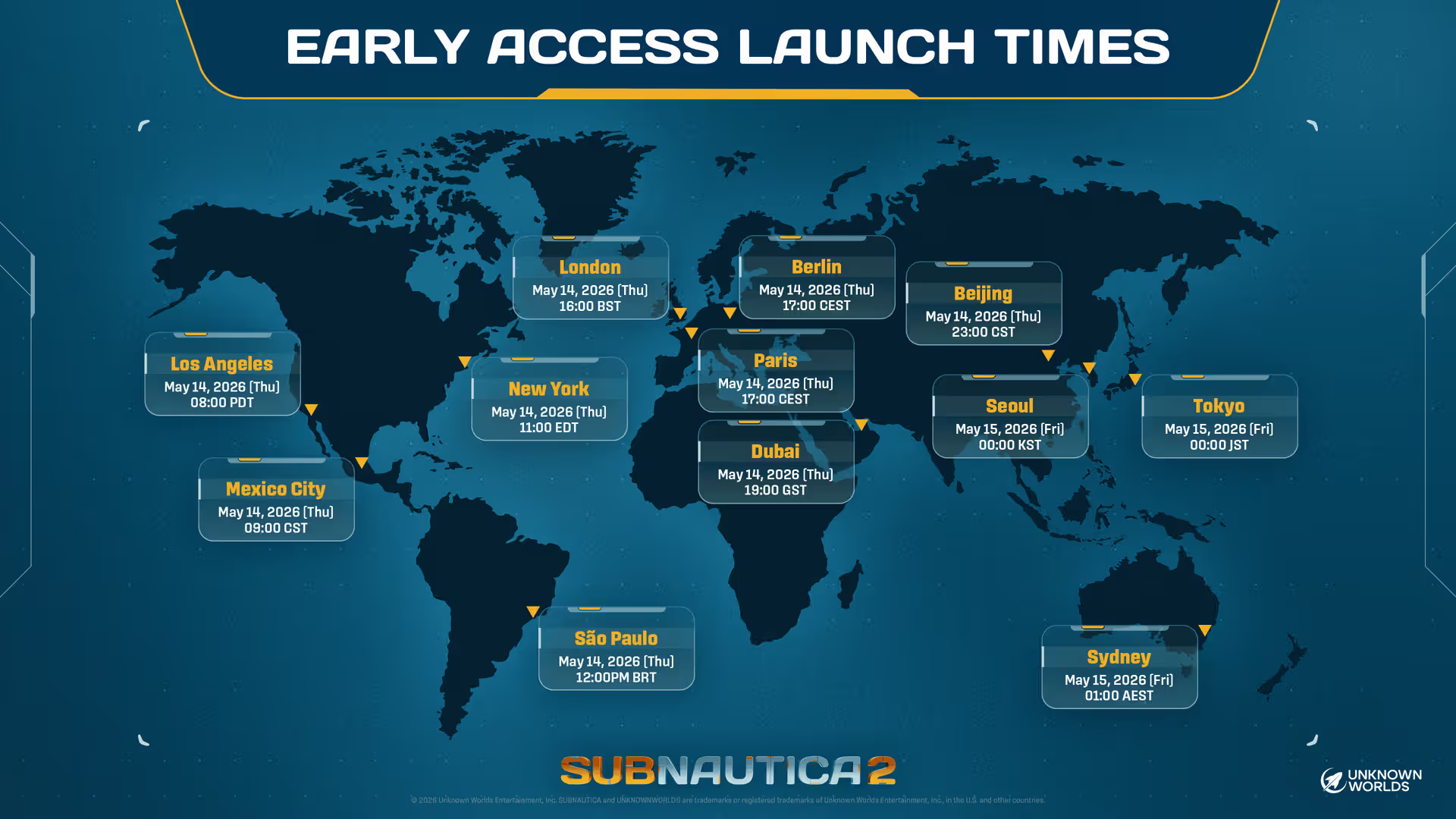 Subnautica 2 Early Access launch times — May 14, 2026 at 8:00 AM PDT / 15:00 UTC