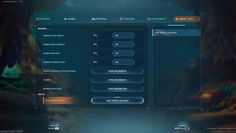 Link Twitch Account button in Subnautica 2 settings