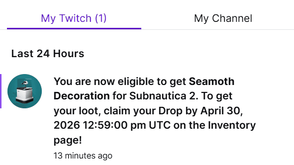 Twitch Drop earned notification
